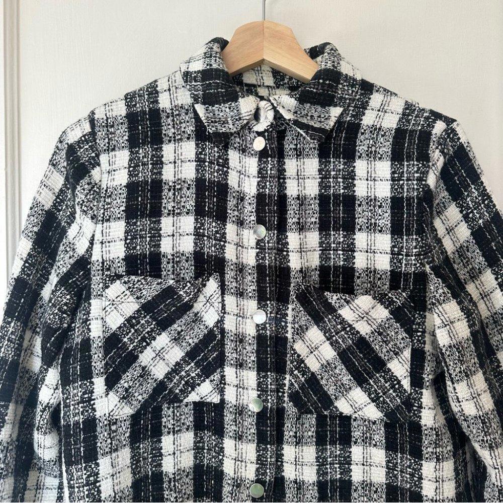 Zara Basic Black And White Button Up Check Oversh… - image 3